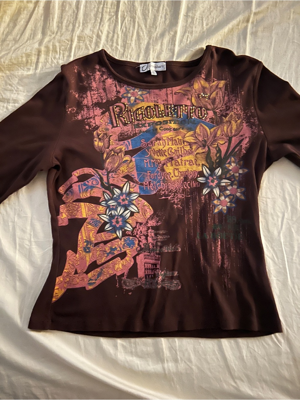 Dressbarn Vintage Womens XL Brown Floral Graphic 3/4” Sleeve Tee